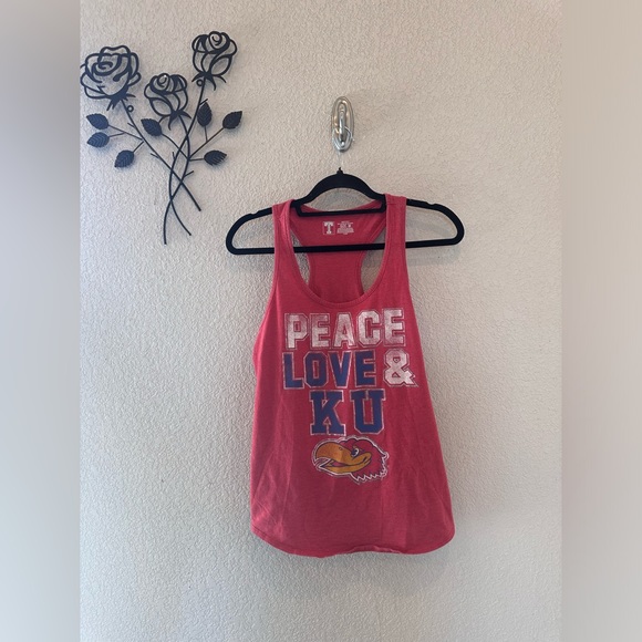 NCAA Tops - Peace Love and KU Breathable Tank Top Athletic Style Red Jayhawk Size Medium